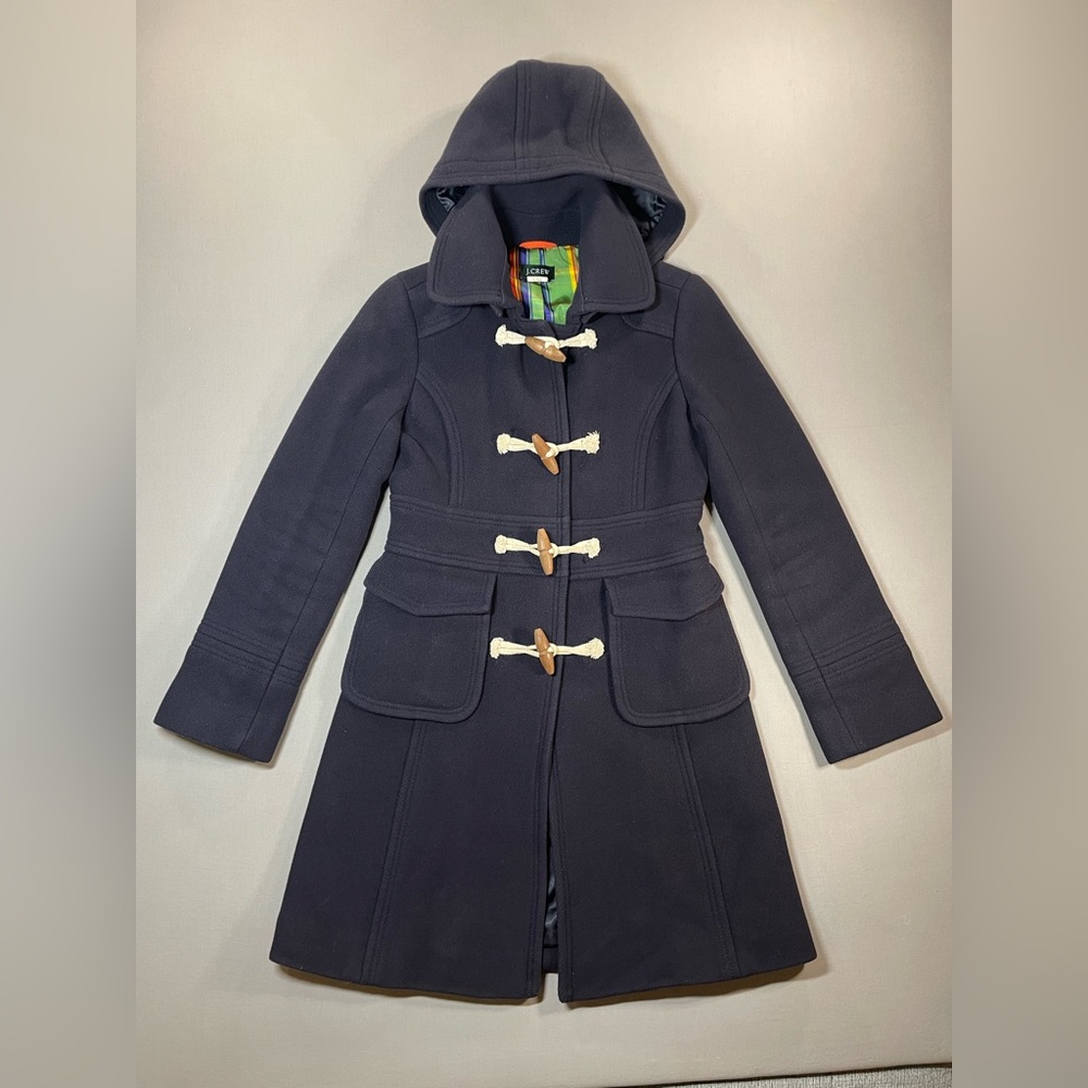 J Crew Duffle Coat, Removable Hood, Wood Toggles, Wool-Blend, Navy - Womens 4